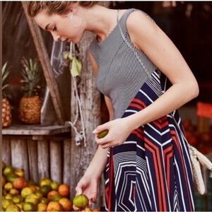 Anthropologie Cameron Swing Asymmetrical Dress Blue, Red, Geometric Midi M